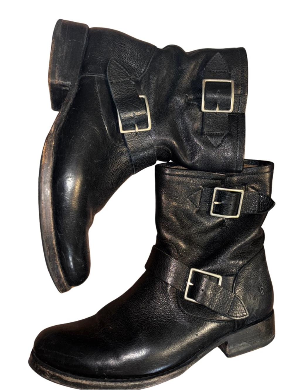 Frye Black Leather Vicky Combat Boots with Buckles